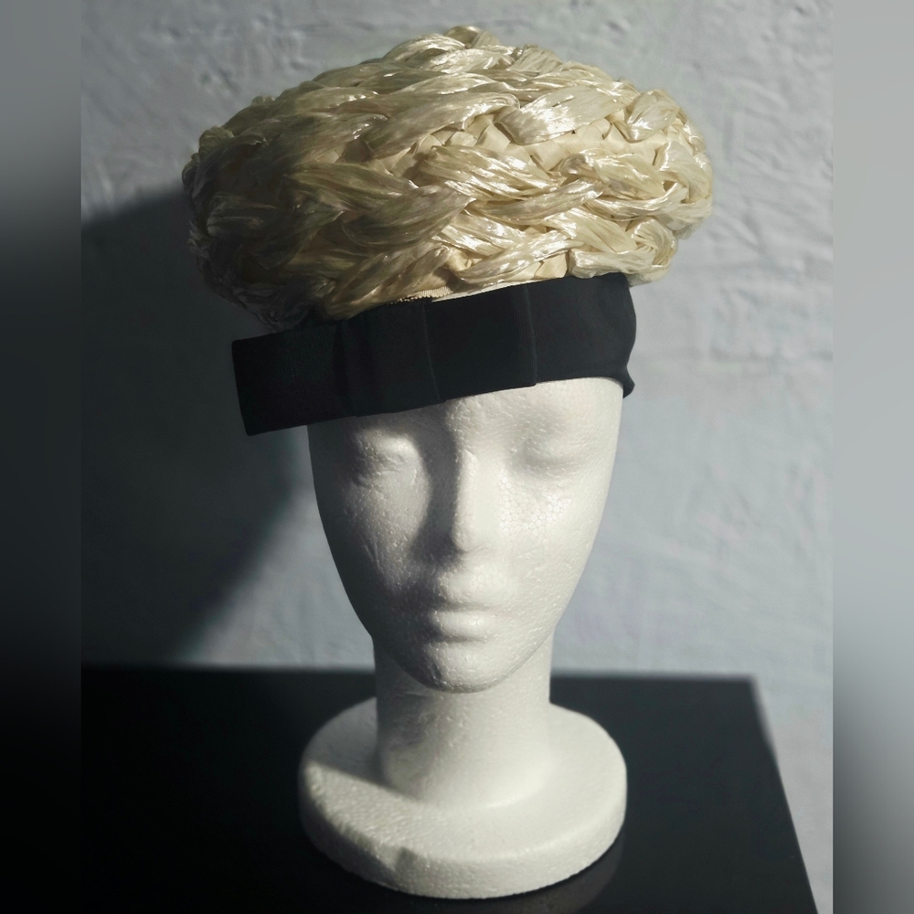 Vintage 1950s Mr. John Jr Cream Raffia Hat W/ Black Band & Bow